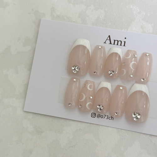 21))マリーンセルネイル フレンチガーリー クリスマス ホワイト ネイルチップ 109))リボン マリーンセル フレンチガーリー ネイルチップ ロング