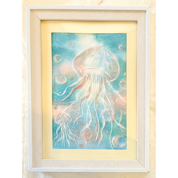 原画】和紙ちぎり絵「キラキラ海月」夏のアート｜優しいラメの輝き・和