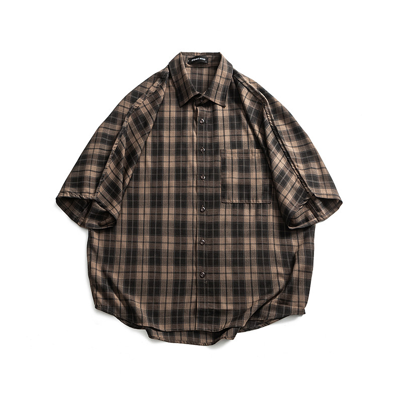 アメリカンレトロチェック半袖シャツ男女2025夏アフロハンサムゆったりカジュアルシャツコート