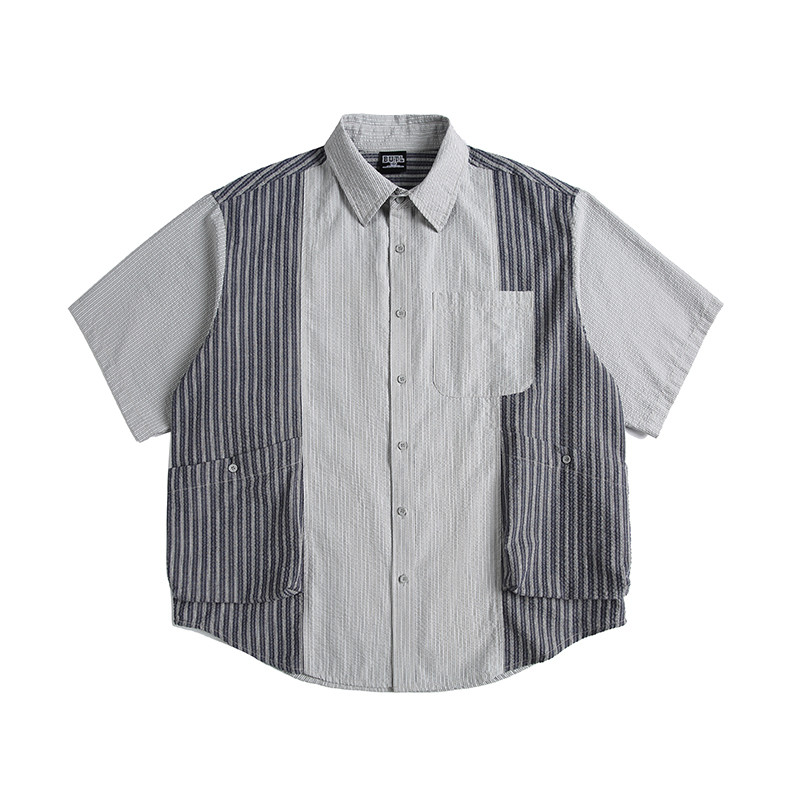 アメリカンバルーンストライプパッチワーク半袖シャツメンズ夏の新作ゆったりカジュアル百合シャツ