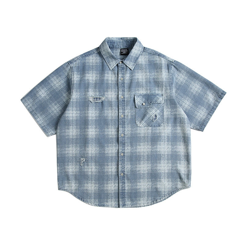 アメリカンレトロ水洗チェックデニム半袖シャツ男女ゆったりカジュアルデザインデニムコート