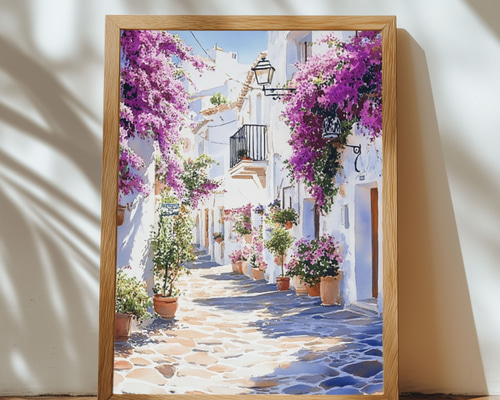 地中海の街並みとブーゲンビリア☆水彩画アート インテリアアート