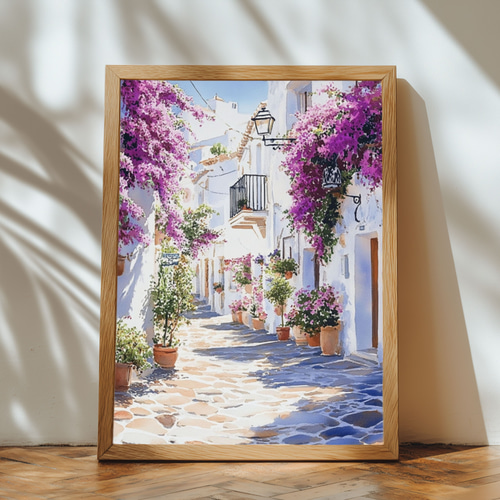 地中海の街並みとブーゲンビリア☆水彩画アート インテリアアート