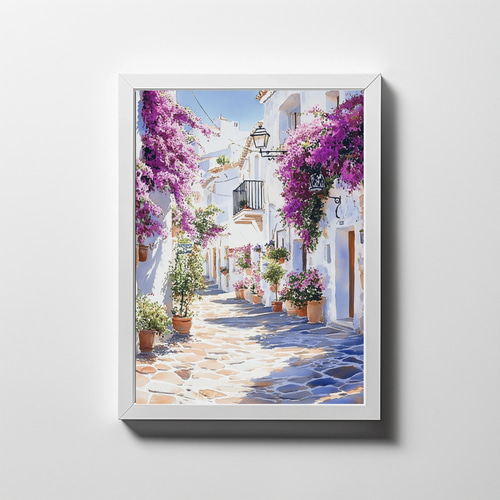 地中海の街並みとブーゲンビリア☆水彩画アート インテリアアート