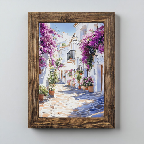 地中海の街並みとブーゲンビリア☆水彩画アート インテリアアート