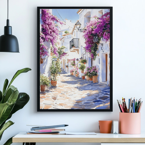 地中海の街並みとブーゲンビリア☆水彩画アート インテリアアート