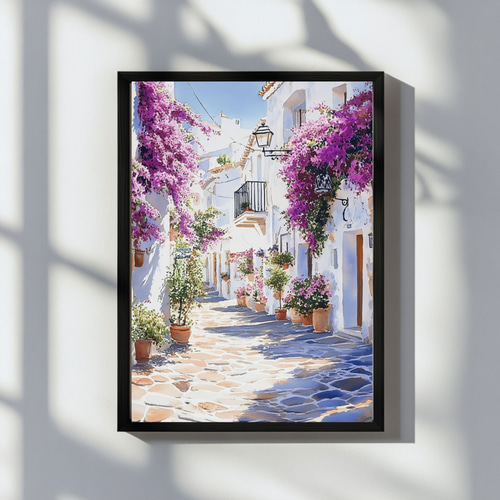 地中海の街並みとブーゲンビリア☆水彩画アート インテリアアート