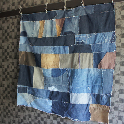 et−108 100×100デニムパッチワーク マルチカバー｜裏地なし・一点もの