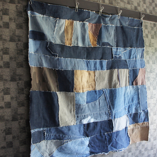 et−108 100×100デニムパッチワーク マルチカバー｜裏地なし・一点もの