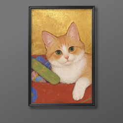 絵画。壁掛け絵原画手描き【美しい女の子とかわいい白い猫が美しい花をもらった】 絵画。壁掛け絵原画手描き【美しい女の子とかわいい白い猫が