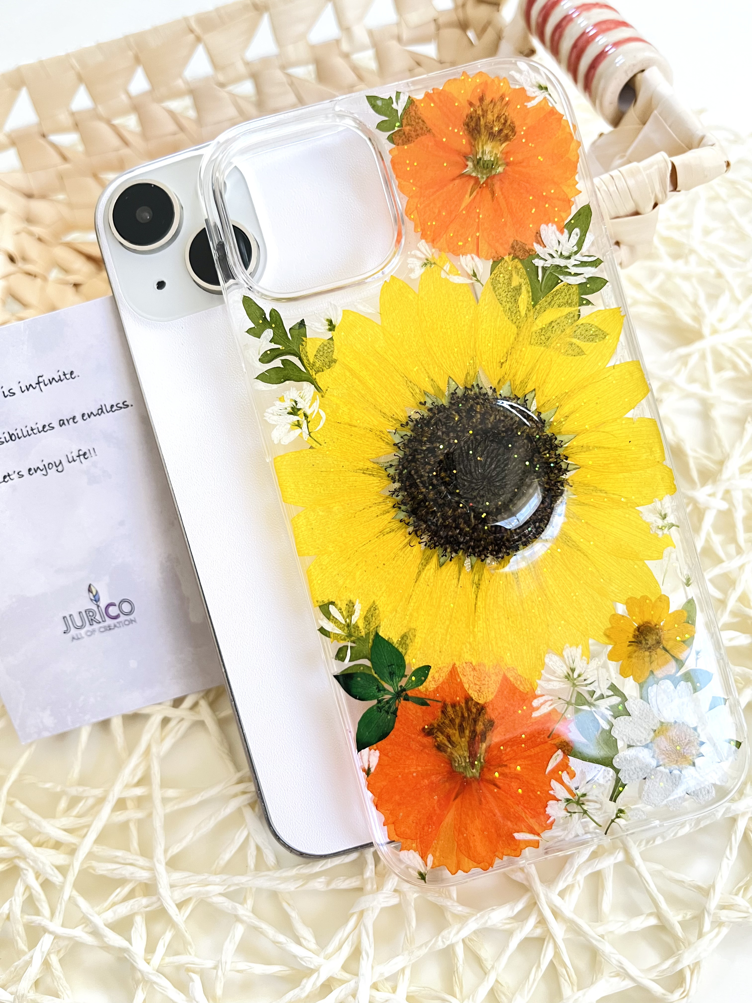 向日葵の押し花スマホケース2025 全機種対応/iphone/GALAXY/AQUOS/xperia/pixel