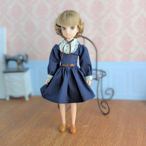 1388【復刻版初代リカちゃん】ネイビーのクラシカルワンピース※リカ