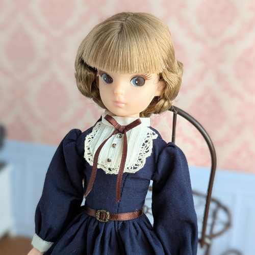 1388【復刻版初代リカちゃん】ネイビーのクラシカルワンピース※リカ