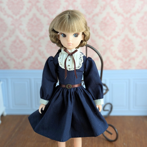 復刻初代リカちゃん服 ワンピース ハンドメイド 1388【復刻版初代リカちゃん】ネイビーのクラシカルワンピース※リカ