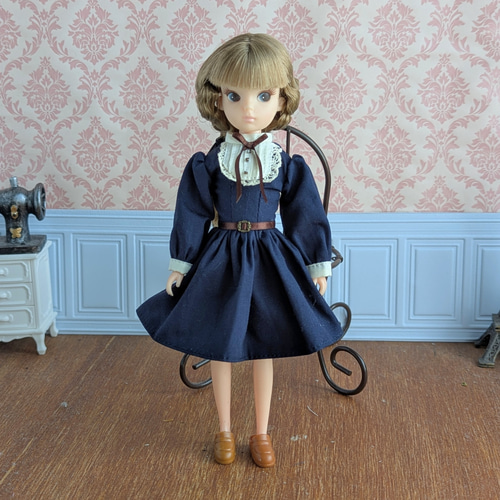 1388【復刻版初代リカちゃん】ネイビーのクラシカルワンピース※リカ