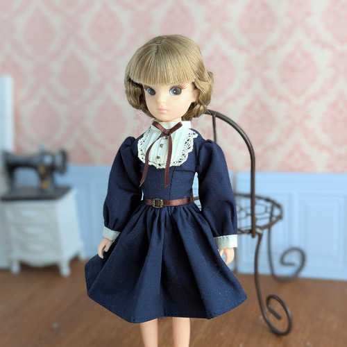 1388【復刻版初代リカちゃん】ネイビーのクラシカルワンピース※リカ