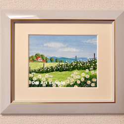 ひまわりの丘」透明水彩画 原画 風景画 額縁付 F4サイズ 絵画
