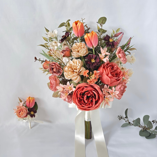 テラコッタ ウェディングブーケ ブートニアセット ドライフラワー ブーケ 前撮り □テラコッタカラーのダリアのブーケ□アーティフィシャル