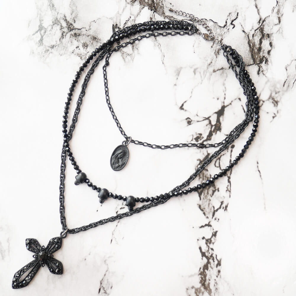 ブラック クロス ドクロ マリア 3連 ネックレス 十字架 髑髏