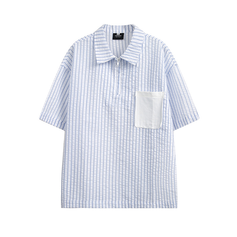 ストライプ半袖シャツおしゃれメンズ薄手カバーカジュアルポケットシャツ夏ハーフジッパー半袖