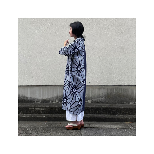 雲土【楽衣】 (RAKUE) 片身替わりシャツ 浴衣 作務衣 麻の葉 文様