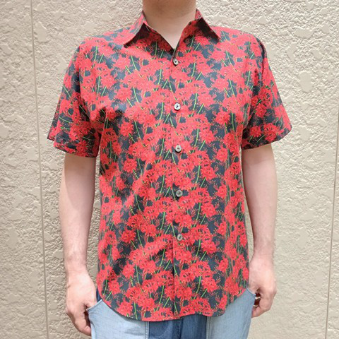 半袖デザイナーズファブリックシャツ（彼岸花）黒赤