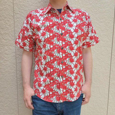 半袖デザイナーズファブリックシャツ（彼岸花）白赤