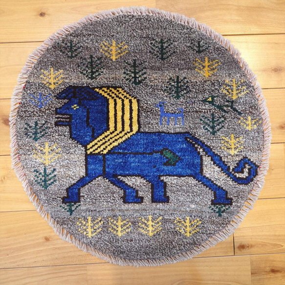 ペルシャ アマレバフト ミニマット 円形 40×40 藍色 馬 生命の木