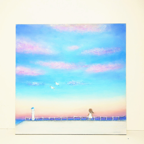 夏のそら 夕雲と灯台 【原画】オイルパステルアート 絵画 小さな