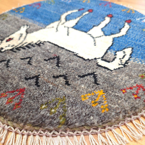 ペルシャ　アマレバフト　ミニマット　円形　40×40　藍色　馬　生命の木 ペルシャ ギャッベ アマレバフト ミニマット 横40Φ40㎝ 円形 馬