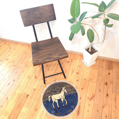 ペルシャ　アマレバフト　ミニマット　円形　40×40　藍色　馬　生命の木 ペルシャ アマレバフト ミニマット 円形 40×40 藍色 馬 生命の木