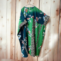 一点物　浴衣　コーマ地　ワンピース ハンドメイド　ロング　青緑　チューリップ 一点物 浴衣 コーマ地 ワンピース ハンドメイド ロング 青緑