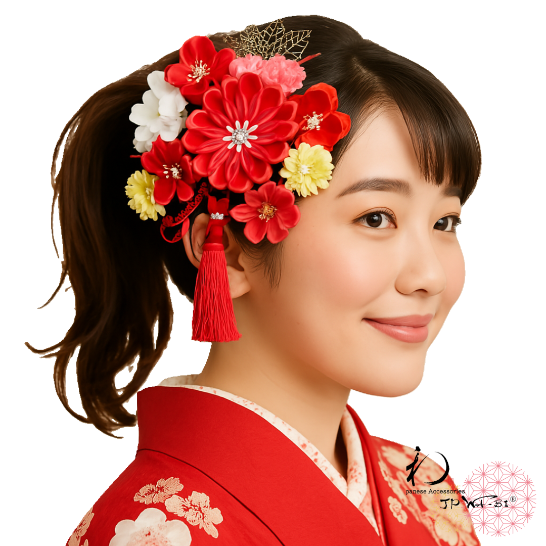 国産用髪飾り//振袖・成人式髪飾り/赤い髪飾り/つまみ細工･造花・水引・リボン・タッセル・ラメネットMIX/透明パッケー