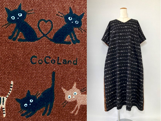 前後着用可能　猫　CoCoLand　両サイドシームポケット　114cm丈　ワンピース　黒×茶　フリーサイズ