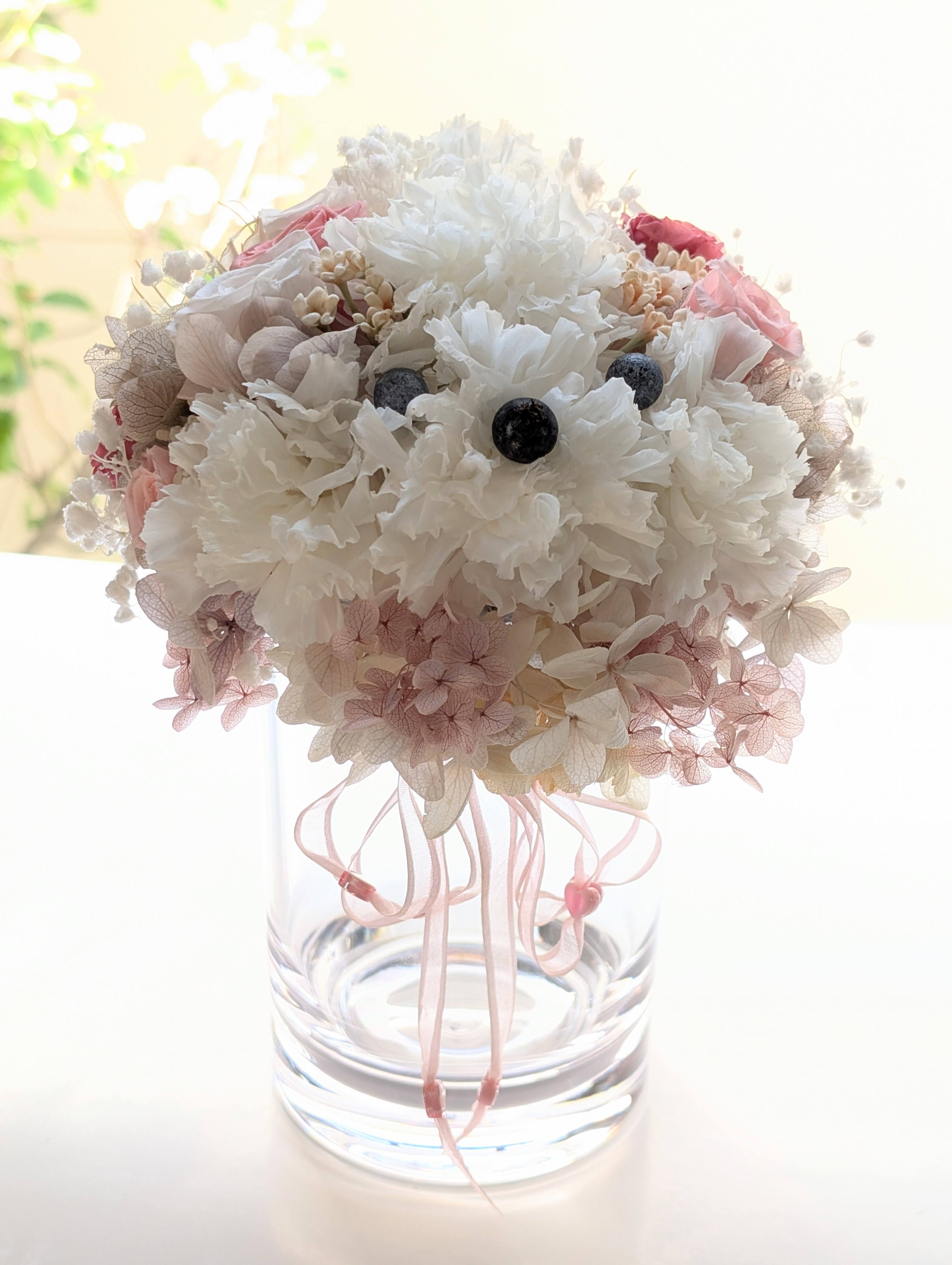 わんちゃんプレゼント〜わんちゃん仏花〜優しさに包まれて〜ピンク〜プリザーブドフラワー