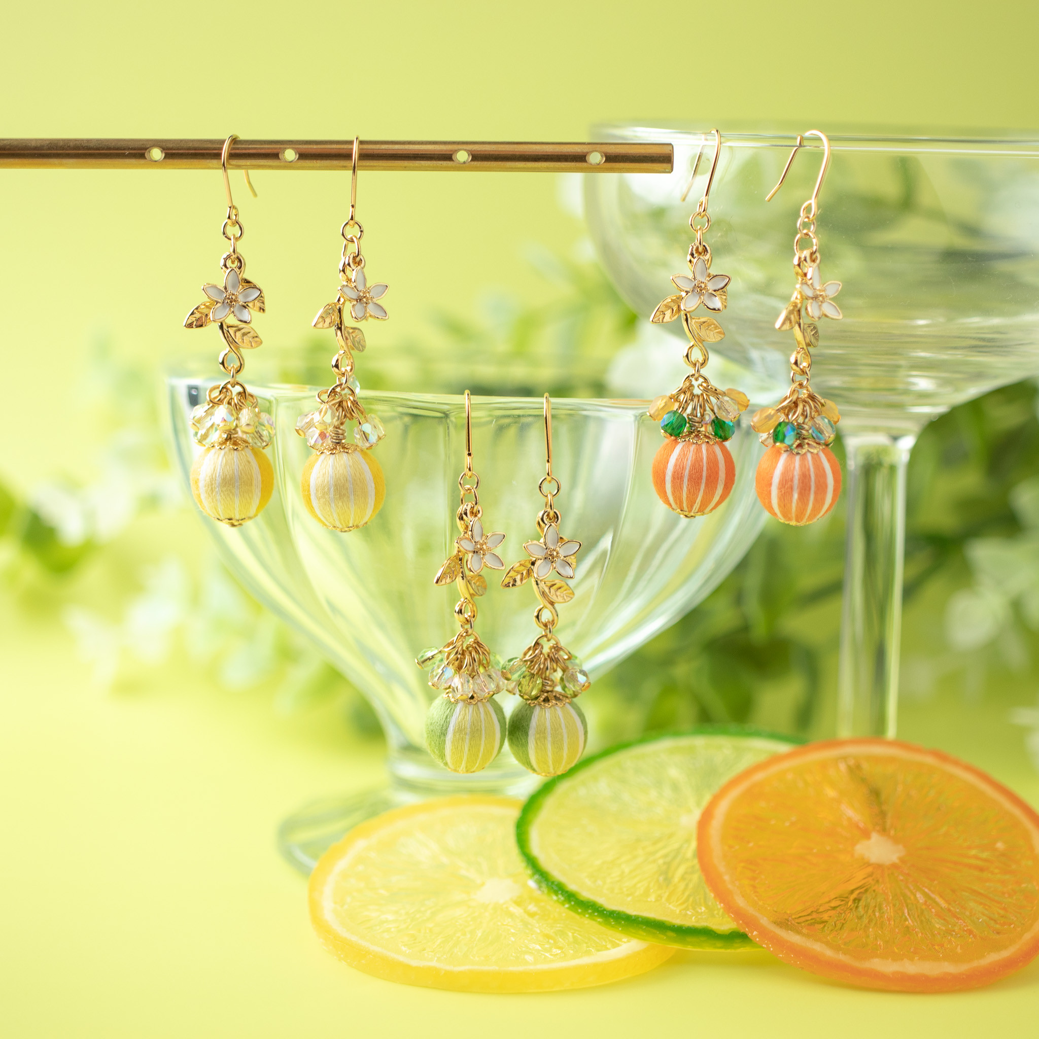 シトラスノート　刺繍糸で作る、オレンジ・レモン・ライムのピアス・イヤリング