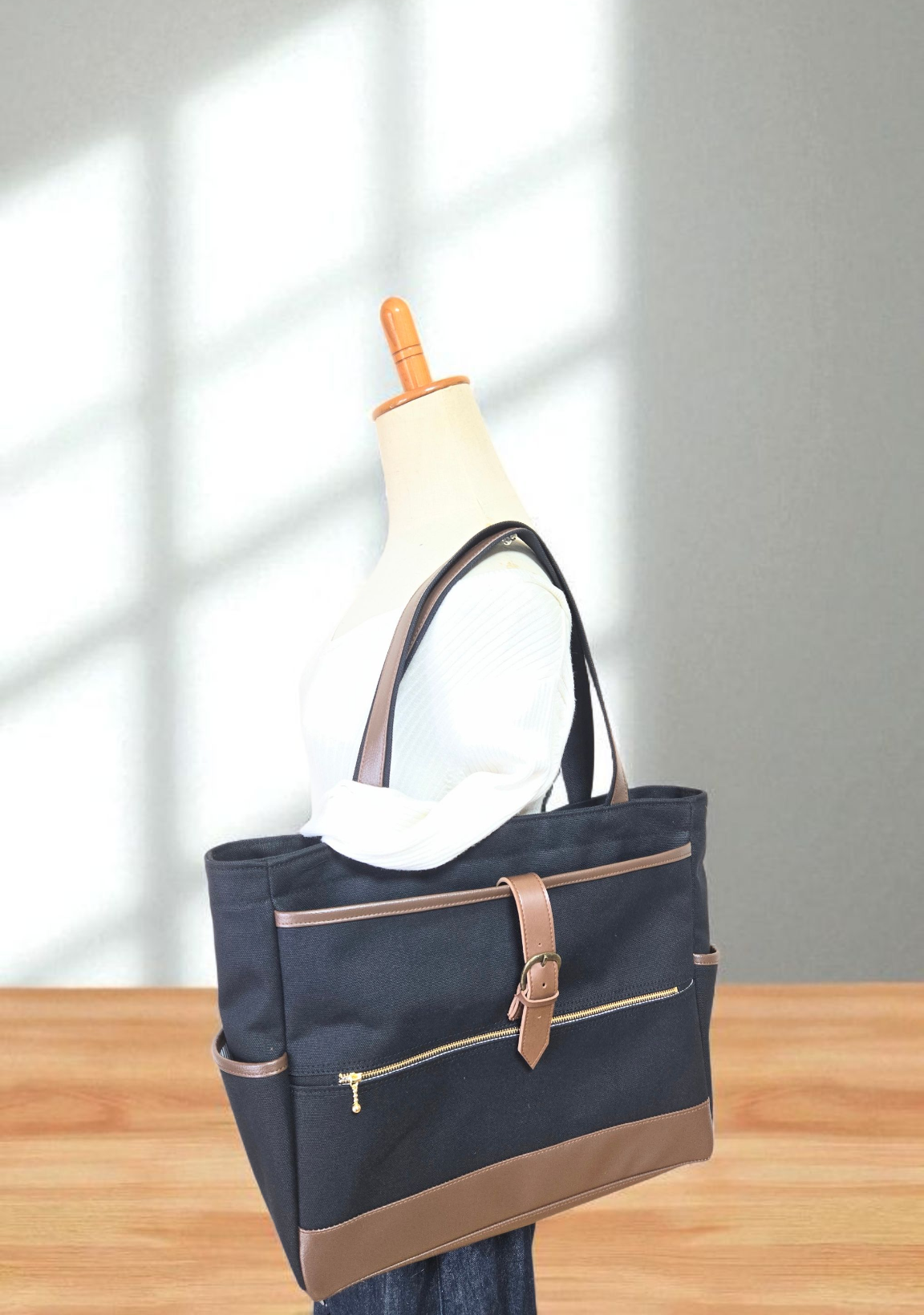 3way黒の帆布と焦げ茶レザー四角いリュックW(横型）（受注製作)
