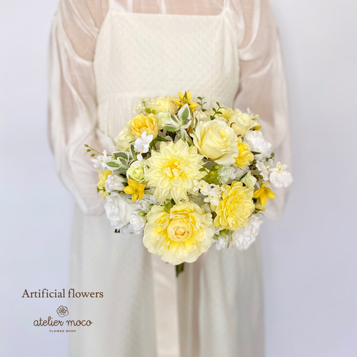 オーダーメイド】レモンイエロー ダリアとローズの ラウンド クラッチ