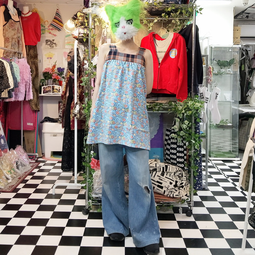 USA cotton花柄×マドラスチェック 切り替え ノースリーブギャザー