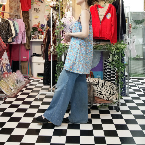 USA cotton花柄×マドラスチェック 切り替え ノースリーブギャザー