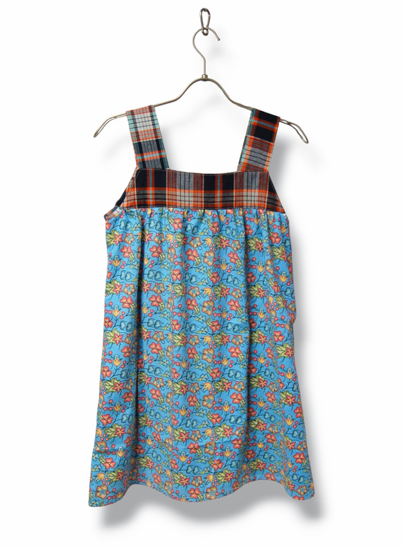 USA cotton花柄×マドラスチェック 切り替え ノースリーブギャザー