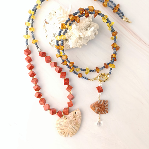コーラルビーズネックレス kiyolakrei】クロスネックレス/ビーズコーラル | 藤巻百貨店