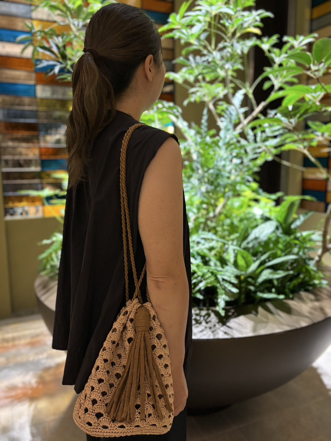 【Mサイズ】松編みの巾着ショルダー★底レザー