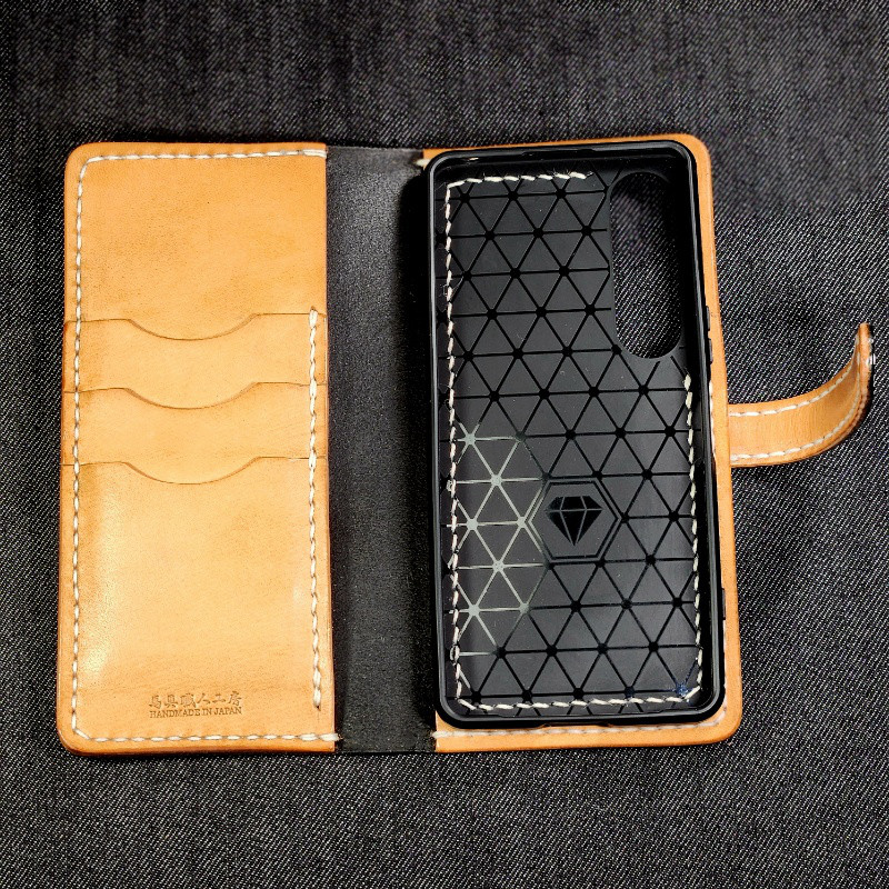 Xperia1 VII エクスペリア1 VII 手帳型ケース 手縫い 黒革×ナチュラル ブラック サドルレザー