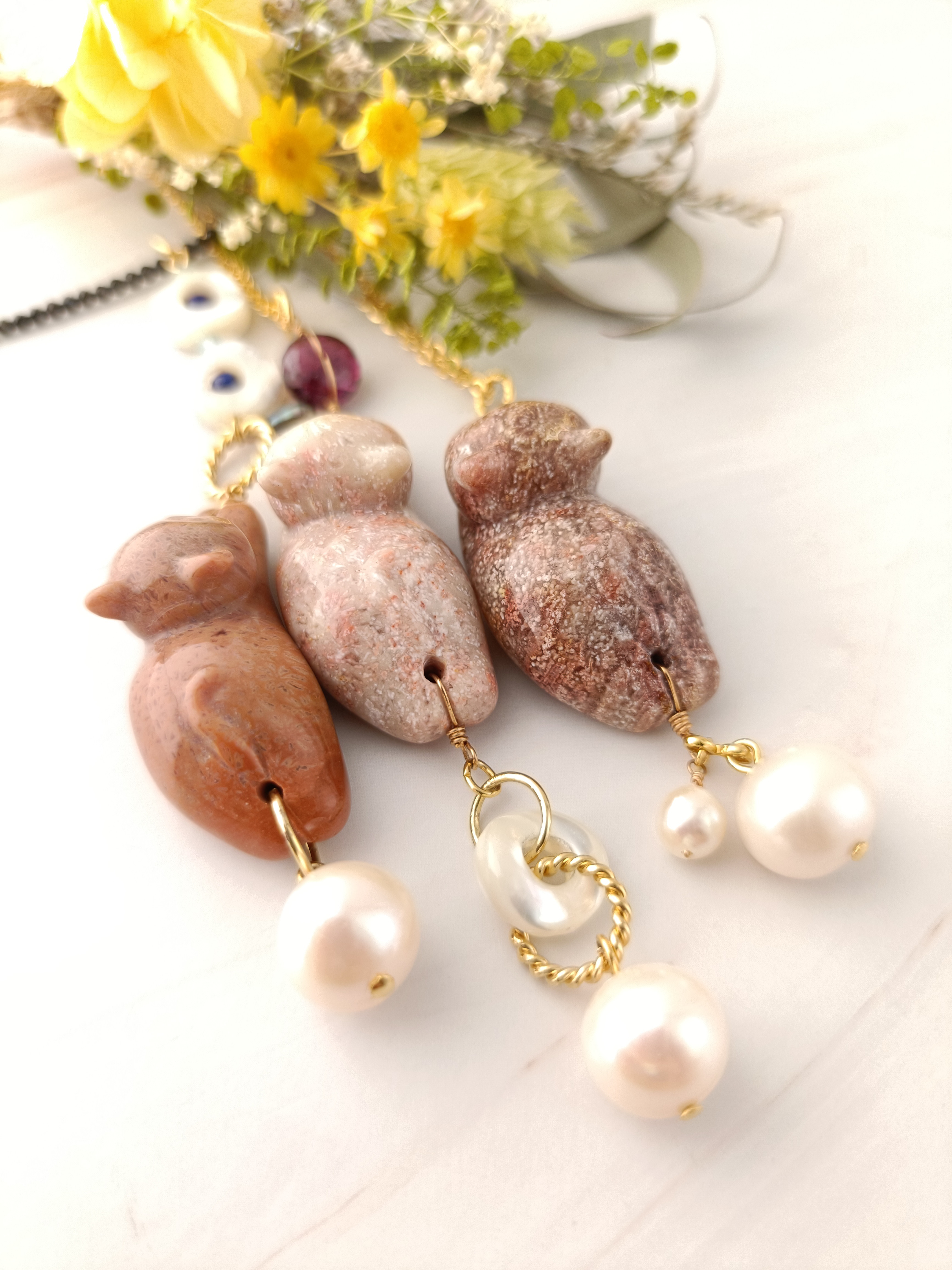 【限定／選べる】フォッシルコーラル 　猫  淡水パール　ネックレス