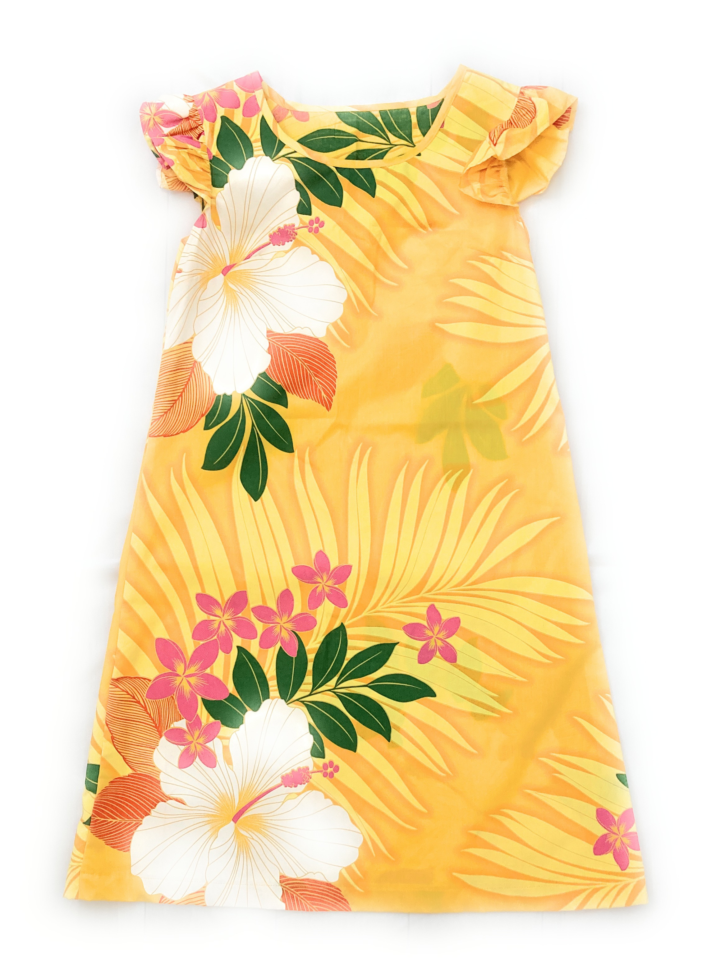 ハワイアン フリル ワンピース ハイビスカス柄 イエロー S９ [mop5-031s9]