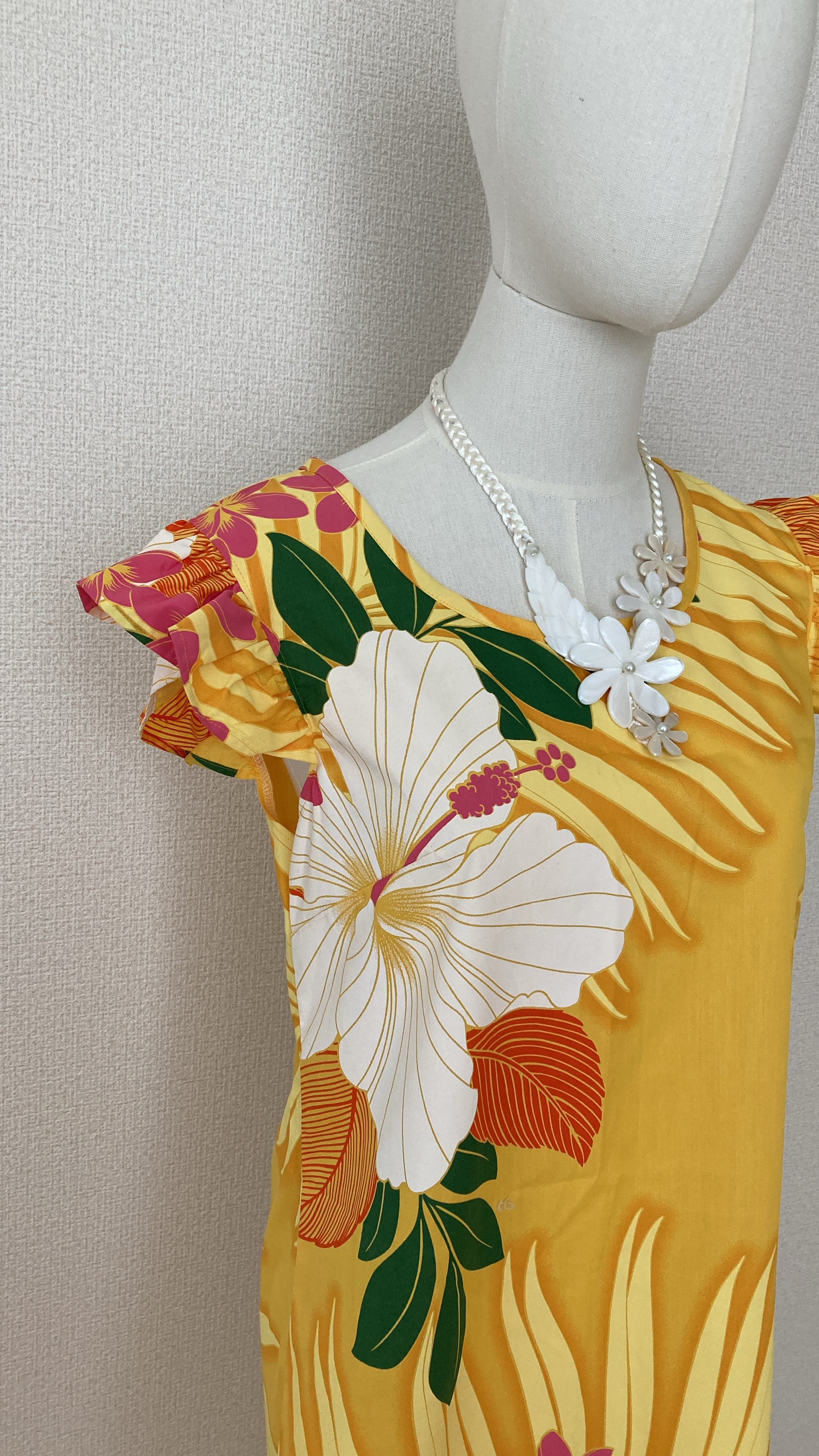 ハワイアン フリル ワンピース ハイビスカス柄 イエロー S９ [mop5-031s9]