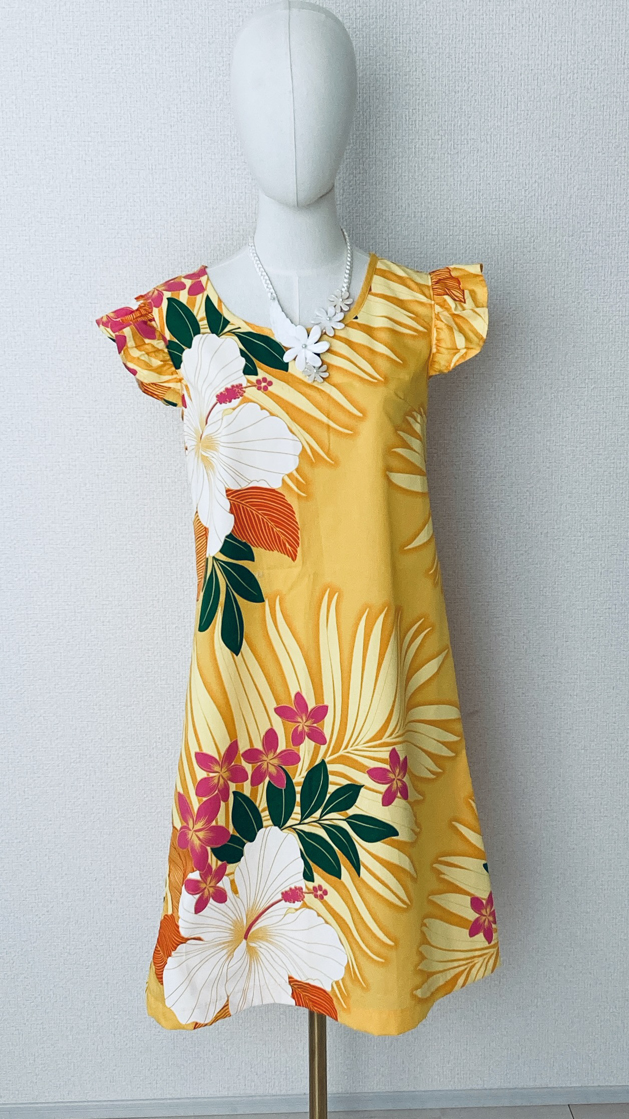 ハワイアン フリル ワンピース ハイビスカス柄 イエロー S９ [mop5-031s9]