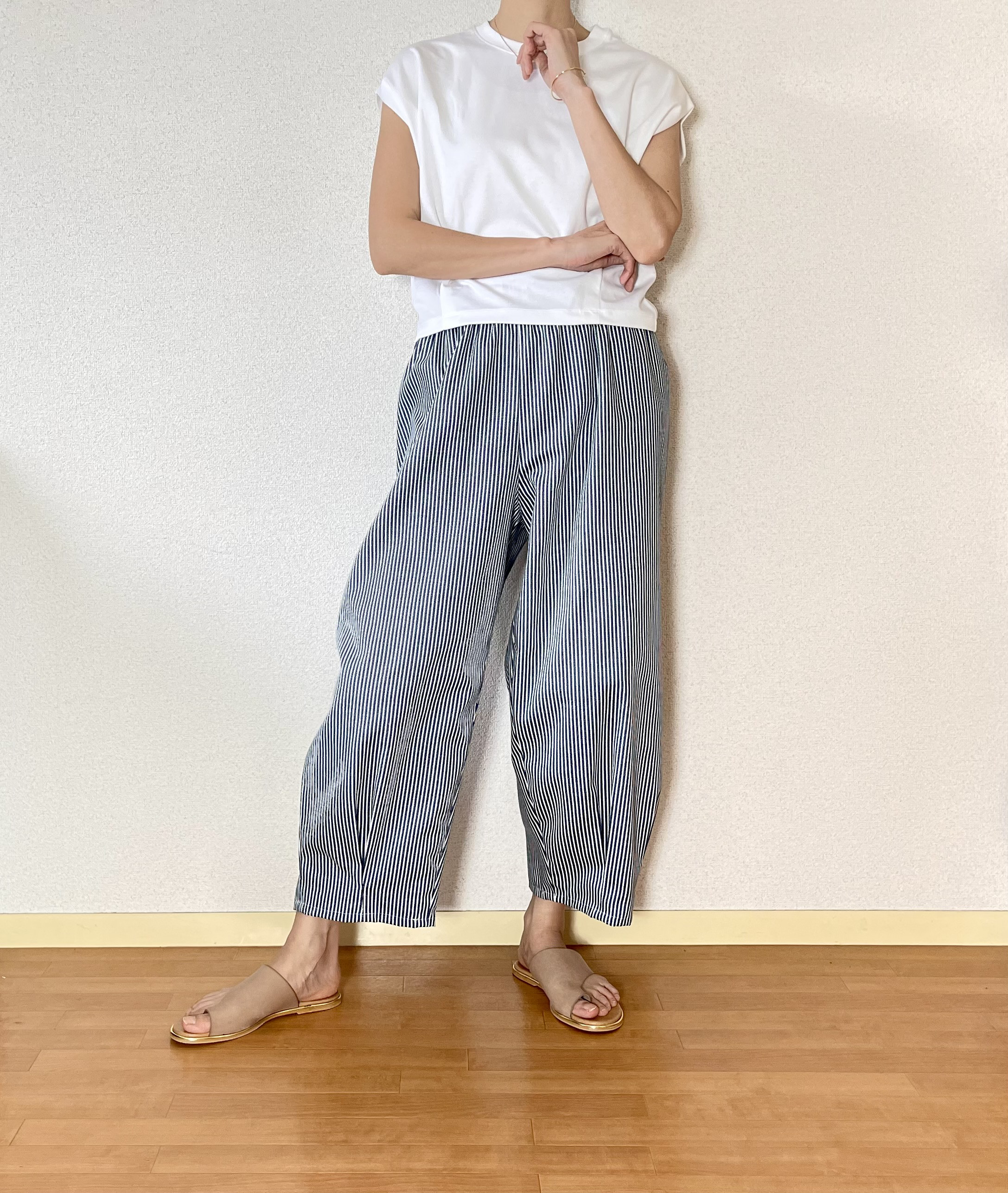 通年OK ゆったりパンツ♪ バルーンパンツ／サーカスパンツ　ストライプ柄ネイビー　ウエスト変更可