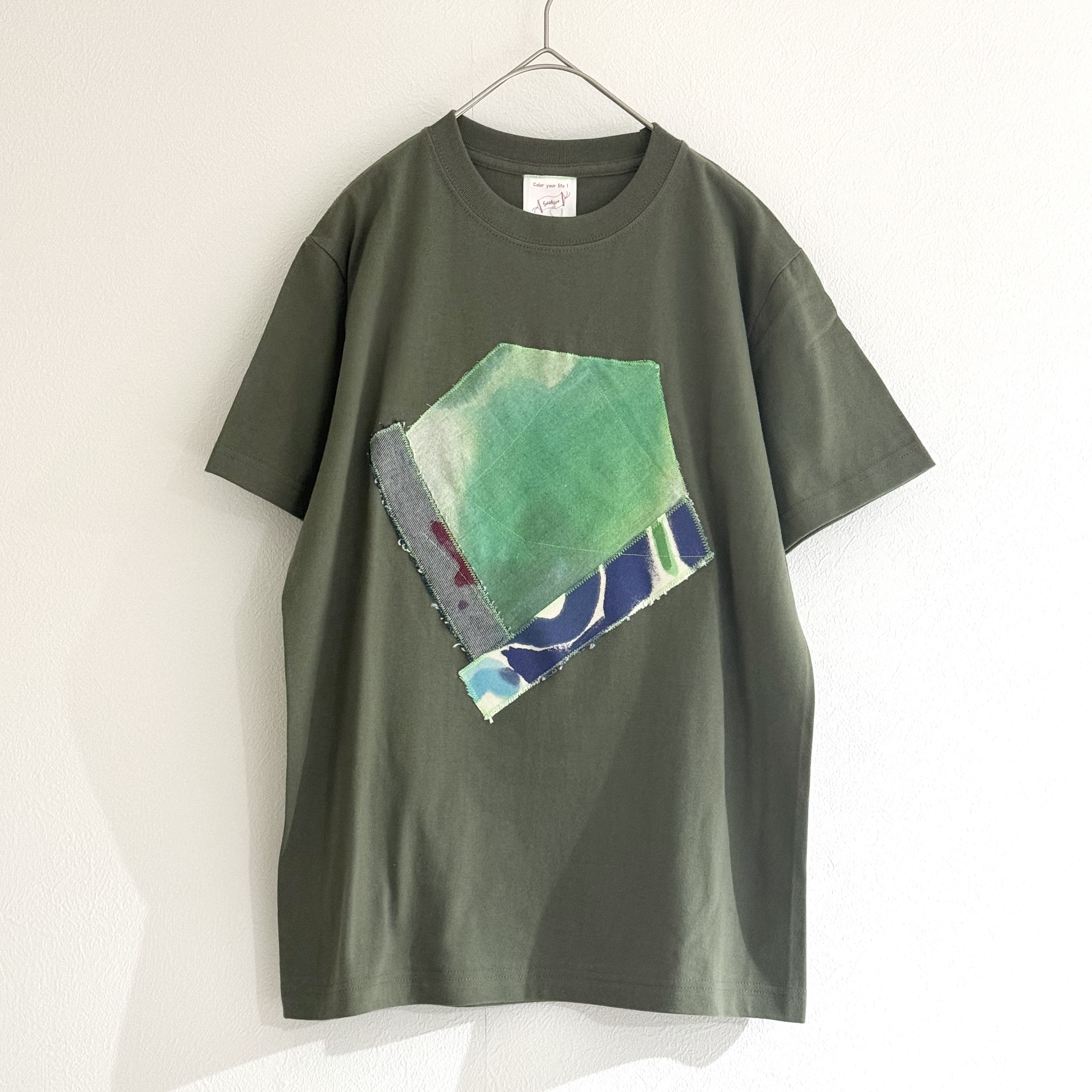 手染めコラージュTシャツ / Olive green × gem ユニセックスSサイズ